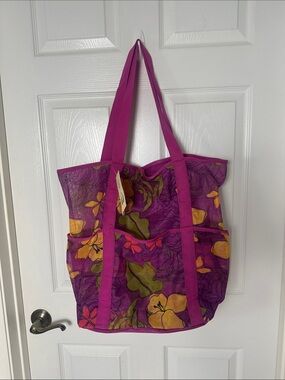 No Boundaries Purple Floral Tote with Pink Straps